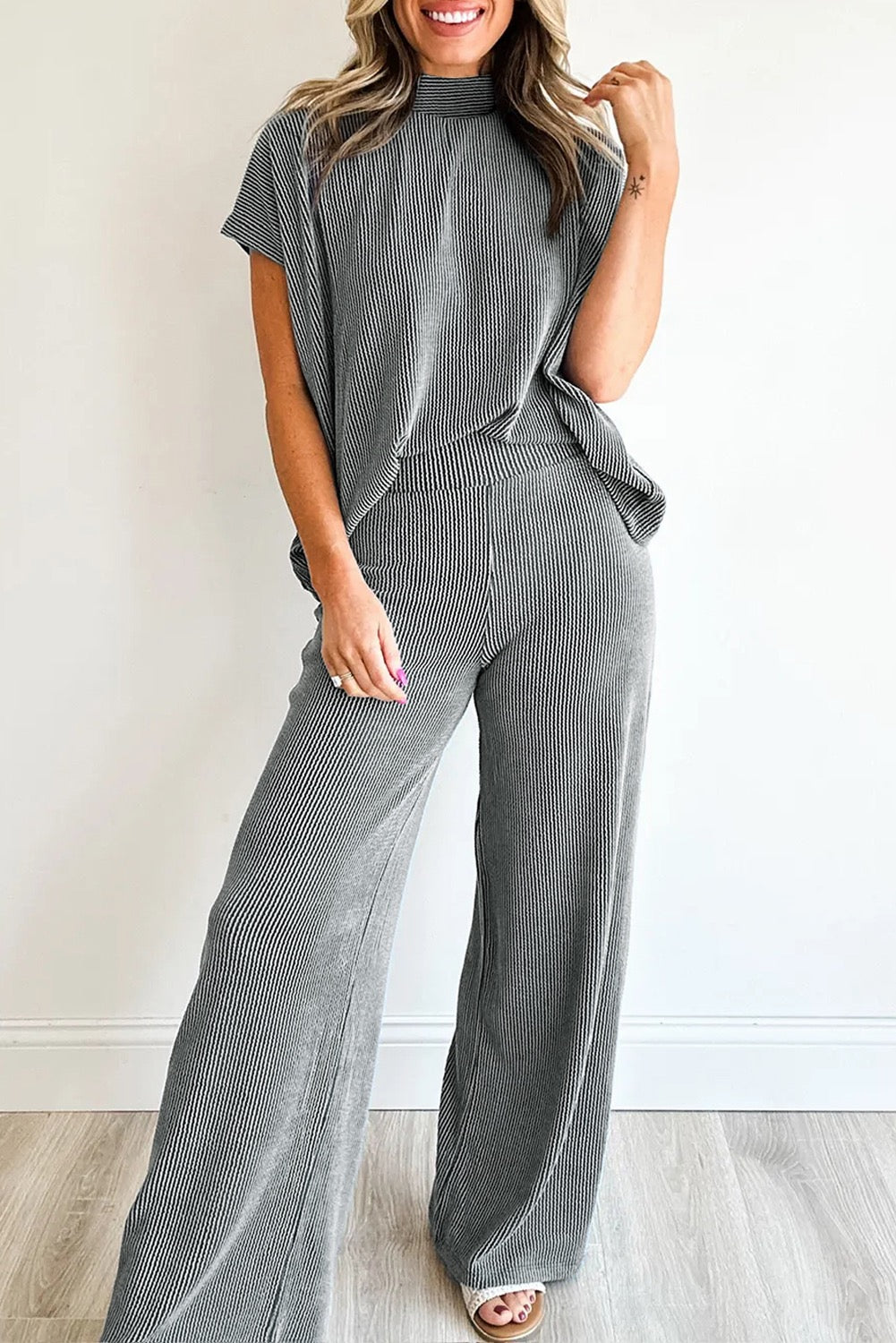 Dark Grey Ribbed Pants Set