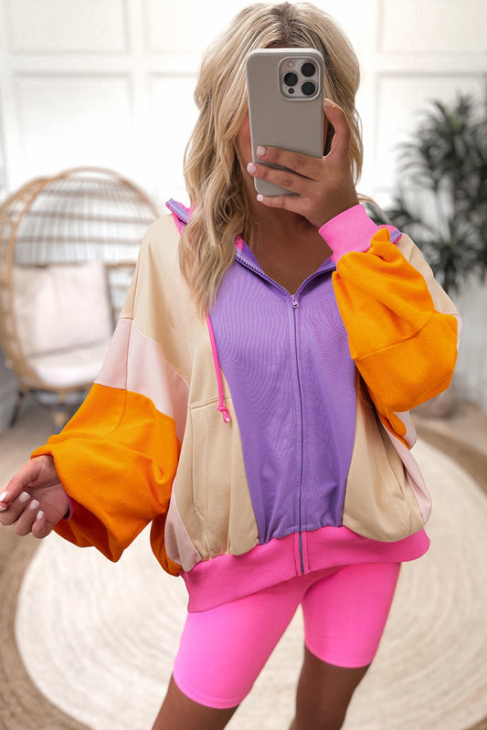 Grapefruit Orange Oversized Colorblock Patchwork Full-Zip Hoodie